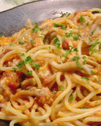 Salmon and Mushroom Spaghetti with Cream & Pomodoro Sauce
